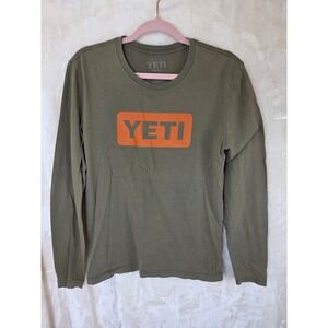 YETI Long Sleeve T-Shirt Mens Small Olive Green Orange Box Logo Cotton Crew Neck
